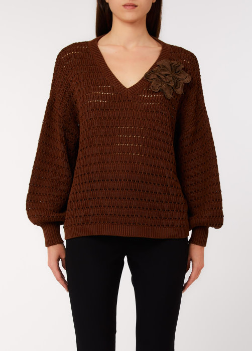 LIU.JO jersey calado marrón con aplicaciones de  flor - 2