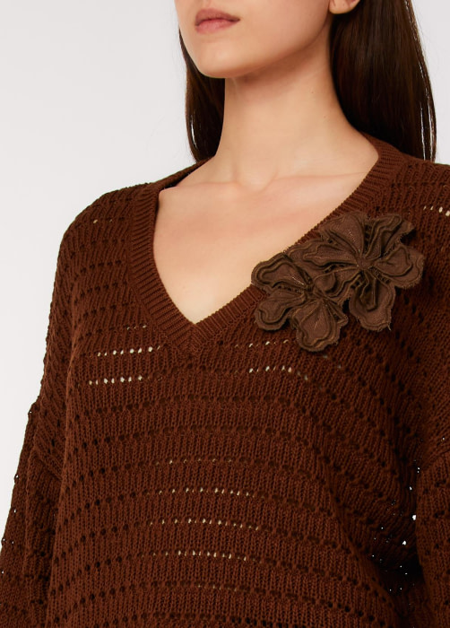 LIU.JO jersey calado marrón con aplicaciones de  flor - 3