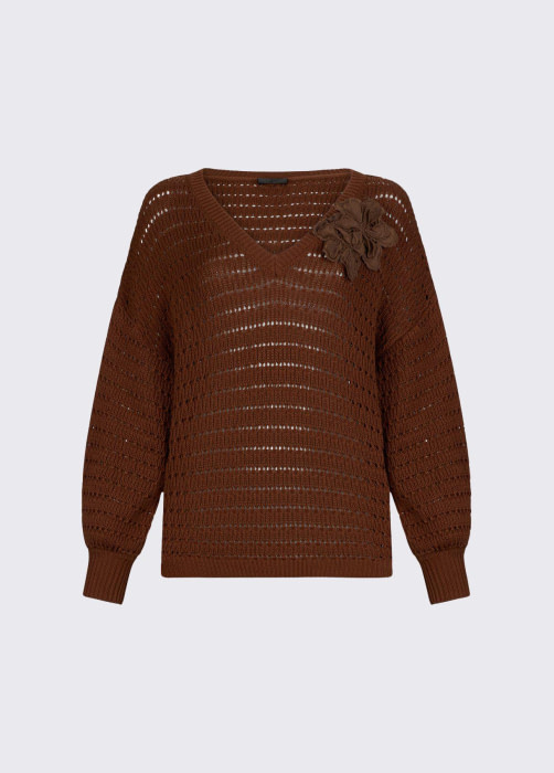LIU.JO jersey calado marrón con aplicaciones de  flor - 4