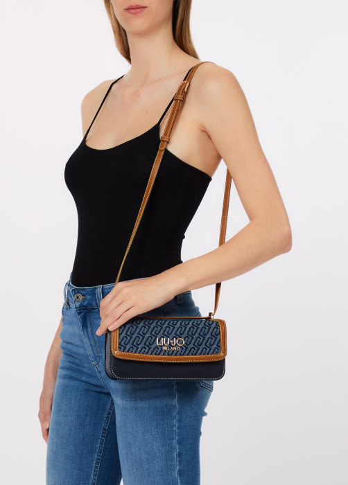LIU·JO bandolera pequeña en denim con logo y vivos en cuero - 3