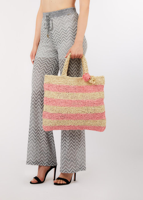 LIU·JO shopping en rafia con rayas natural y rosa - 5