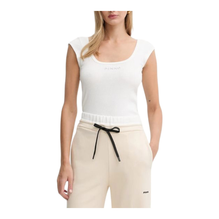 PINKO camiseta canalé con logo color blanco - 1