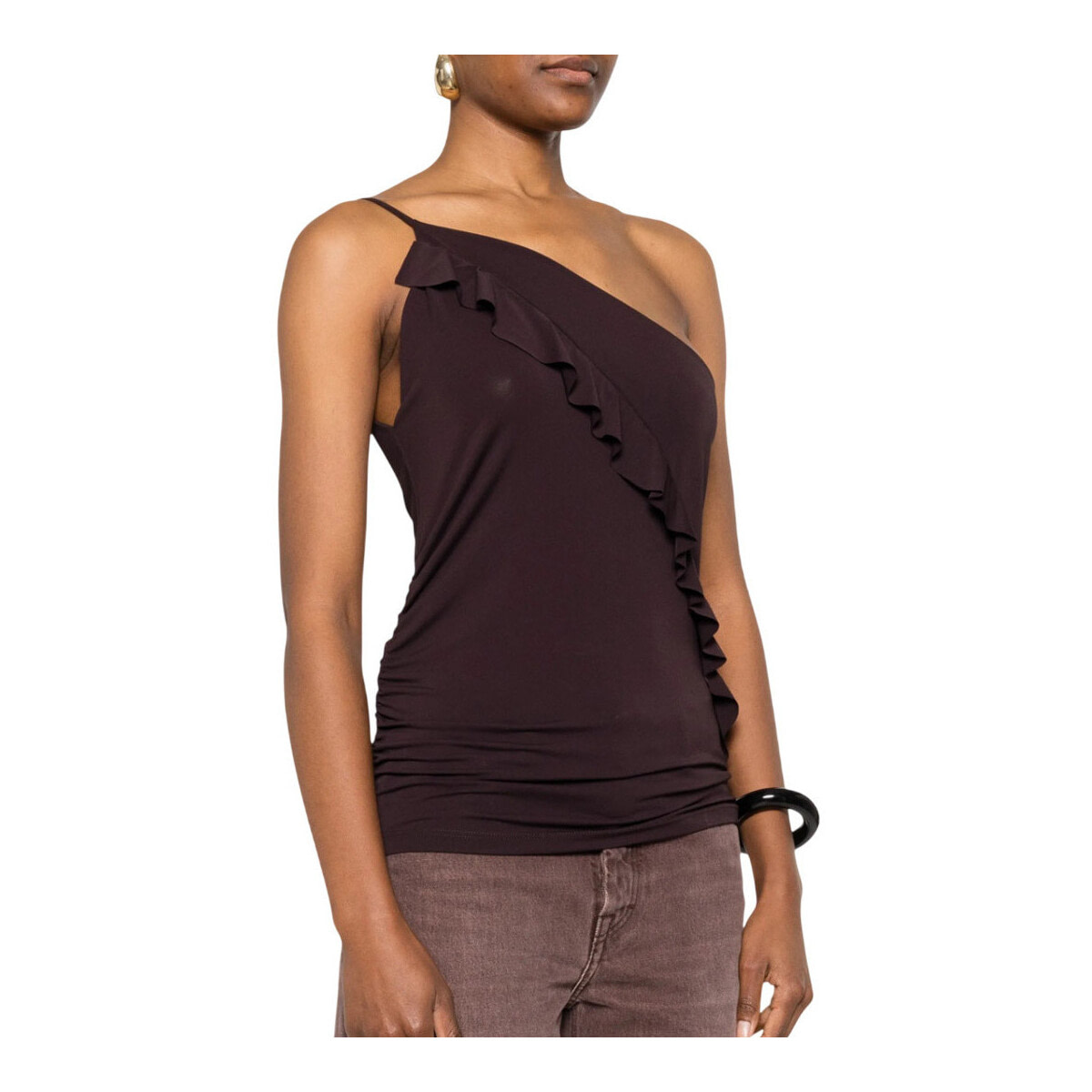 PINKO top asimétricoccon volantes marrón