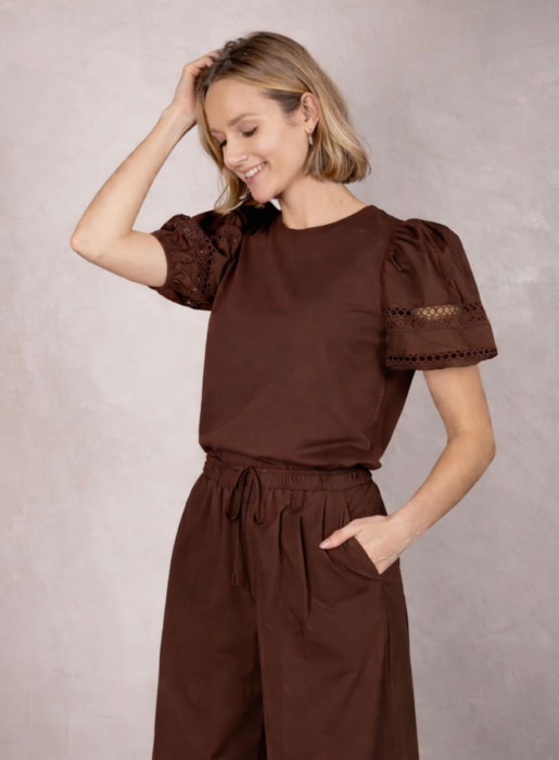 TWINSET camiseta manga corta marrón con vainica - 2