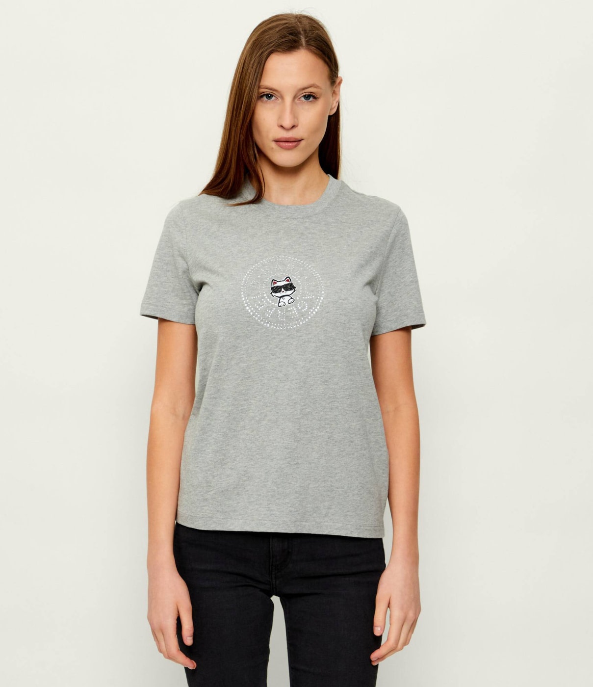 KARL LAGERFELD camiseta m/c gris con logo en círculo y strass