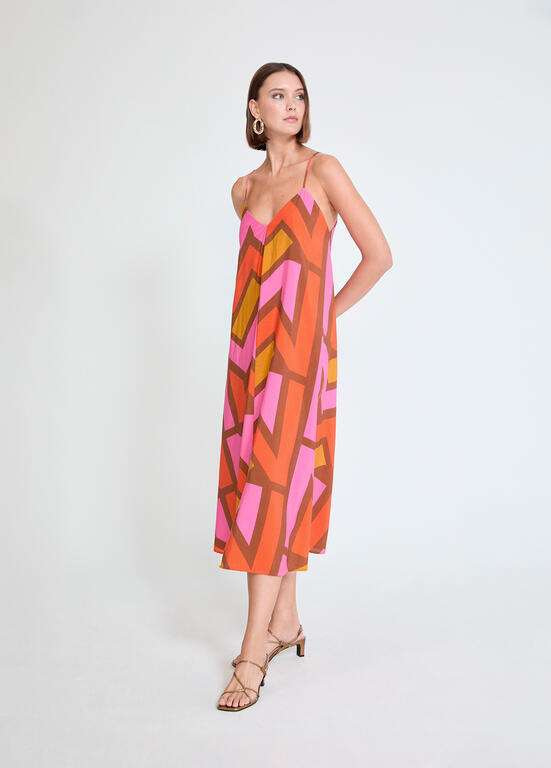 LOLA CASADEMUNT by MAITE vestido estampado  geométrico marrón, naranja y fucsia