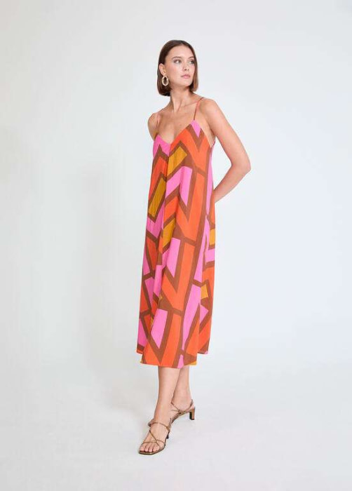 LOLA CASADEMUNT by MAITE vestido estampado  geométrico marrón, naranja y fucsia