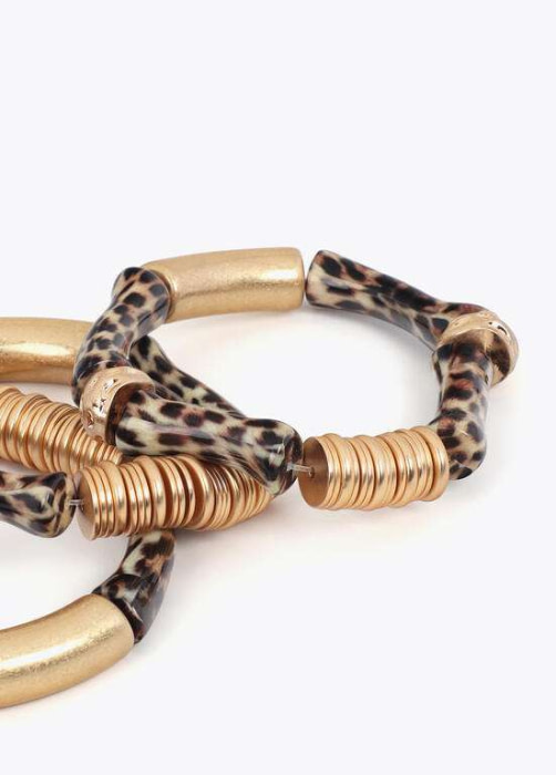 LOLA CASADEMUNT pulseras elásticas con piezas  efecto bambú en animal print y metal - 4