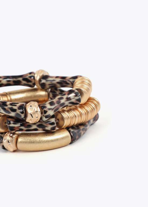 LOLA CASADEMUNT pulseras elásticas con piezas  efecto bambú en animal print y metal - 5