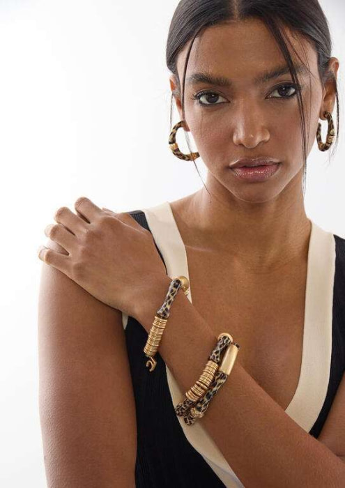 LOLA CASADEMUNT pulseras elásticas con piezas  efecto bambú en animal print y metal - 6