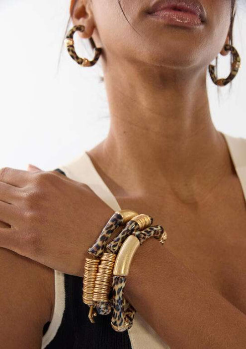 LOLA CASADEMUNT pulseras elásticas con piezas  efecto bambú en animal print y metal - 7