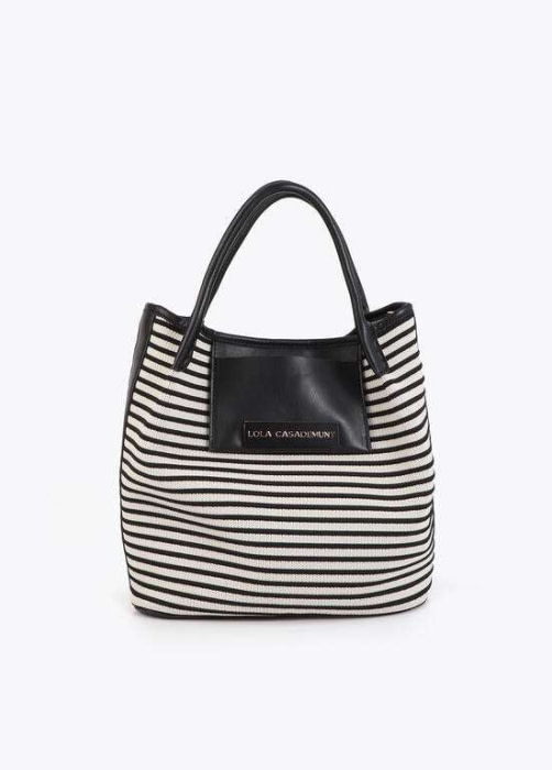 LOLA CASADEMUNT shopper en tejido combinado  en rayas crudo y negro - 1