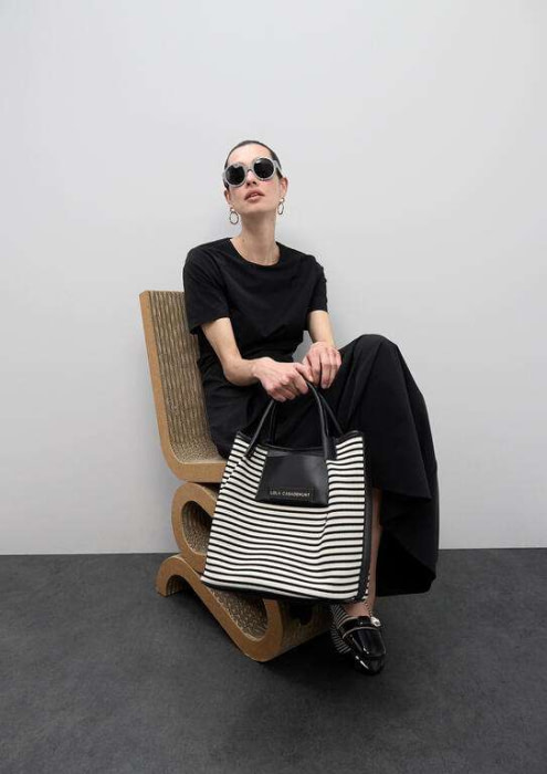LOLA CASADEMUNT shopper en tejido combinado  en rayas crudo y negro - 7
