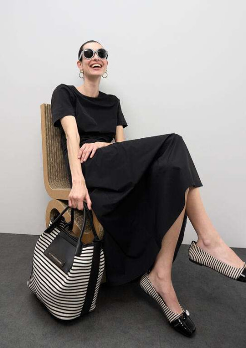 LOLA CASADEMUNT shopper en tejido combinado  en rayas crudo y negro - 8