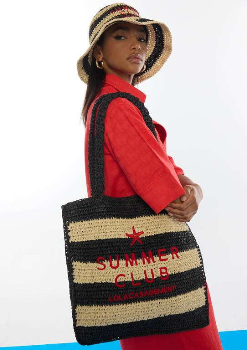 LOLA CASADEMUNT bolso efecto rafia con rayas  negro y crudo - 7