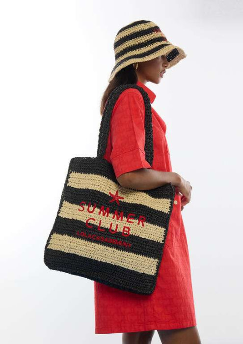 LOLA CASADEMUNT bolso efecto rafia con rayas  negro y crudo - 8