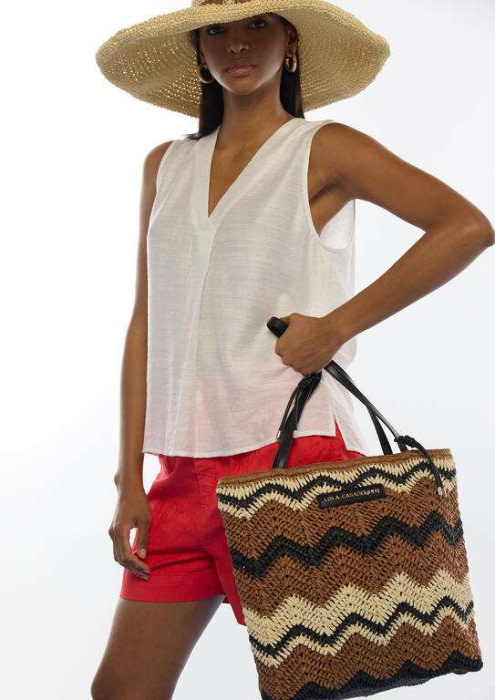 LOLA CASADEMUNT bolso efecto rafia espiga marrón y negro - 10