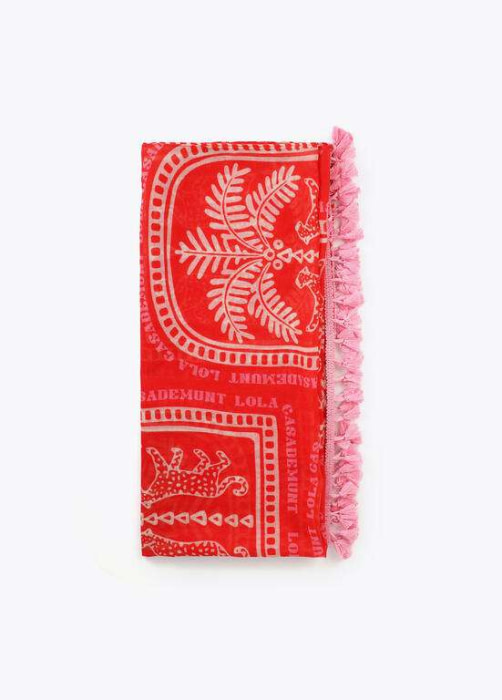 LOLA CASADEMUNT pareo estampado multicolor con  flecos rojo y crudo - 2
