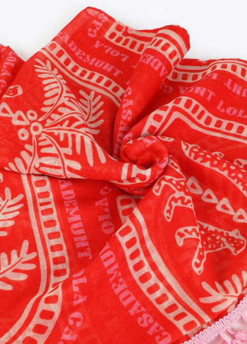LOLA CASADEMUNT pareo estampado multicolor con  flecos rojo y crudo - 3