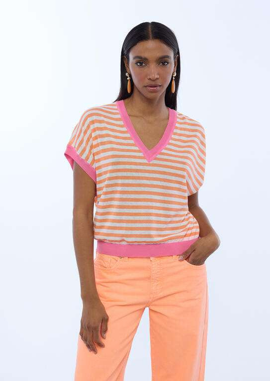 LOLA CASADEMUNT jersey manga corta rayas bicolor  naranja y rosa