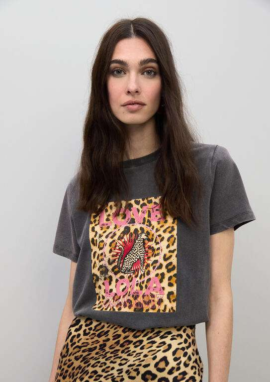 LOLA CASADEMUNT camiseta LOVE LOLA color gris con estampado de leopardo