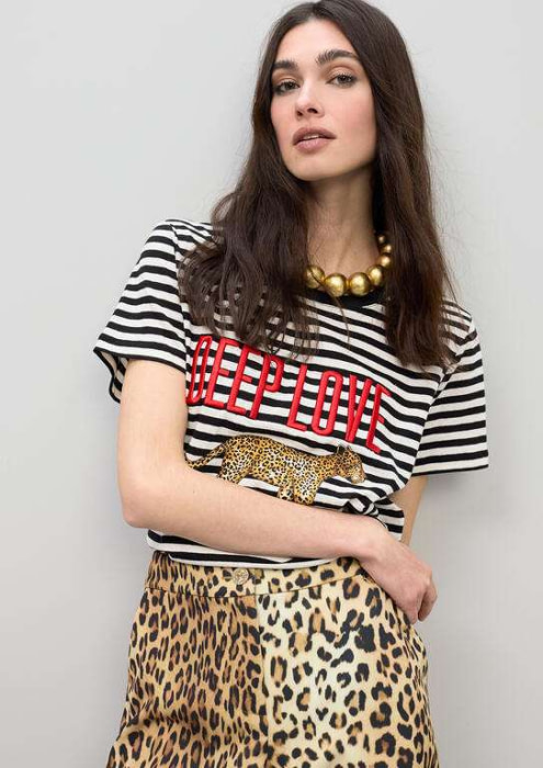 LOLA CASADEMUNT camiseta rayas crudo y negro  con estampado leopardo - 2