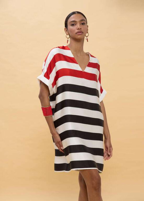 LOLA CASADEMUNT vestido rayas tricolor negro, rojo y crudo