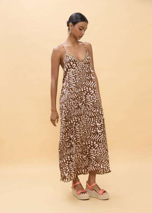 LOLA CASADEMUNT vestido largo tirantes manchas marrón y crudo - 5