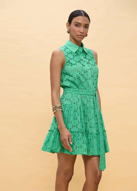 LOLA CASADEMUNT vestido corto volantes con bordado suizo verde