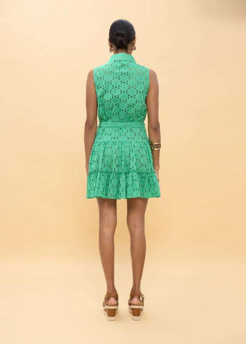 LOLA CASADEMUNT vestido corto volantes con bordado suizo verde - 3