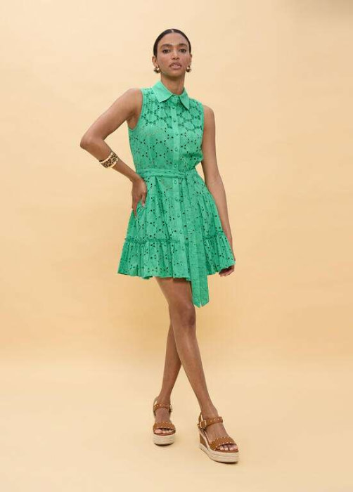 LOLA CASADEMUNT vestido corto volantes con bordado suizo verde - 4