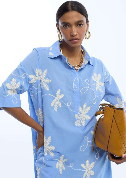 LOLA CASADEMUNT vestido camisero con bordado de  flores azul - 2