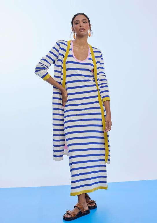 LOLA CASADEMUNT vestido tricolor en rayas crudo azul y rosa