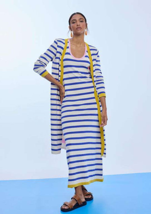 LOLA CASADEMUNT vestido tricolor en rayas crudo azul y rosa - 1