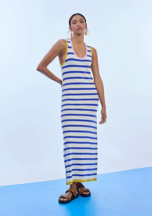 LOLA CASADEMUNT vestido tricolor en rayas crudo azul y rosa - 2