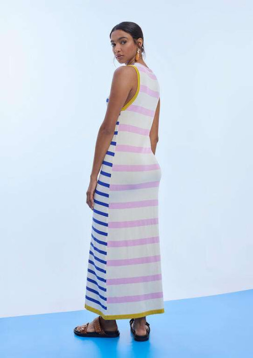 LOLA CASADEMUNT vestido tricolor en rayas crudo azul y rosa - 3