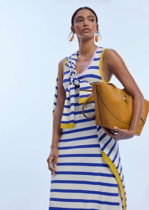 LOLA CASADEMUNT vestido tricolor en rayas crudo azul y rosa - 5