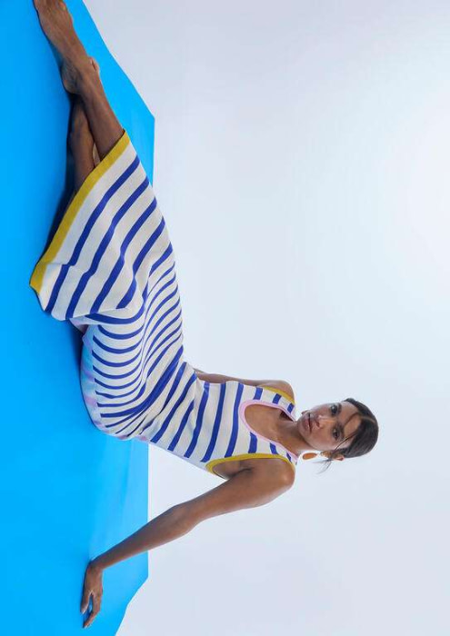LOLA CASADEMUNT vestido tricolor en rayas crudo azul y rosa - 6