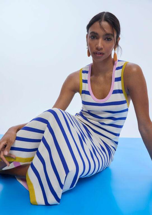 LOLA CASADEMUNT vestido tricolor en rayas crudo azul y rosa - 7