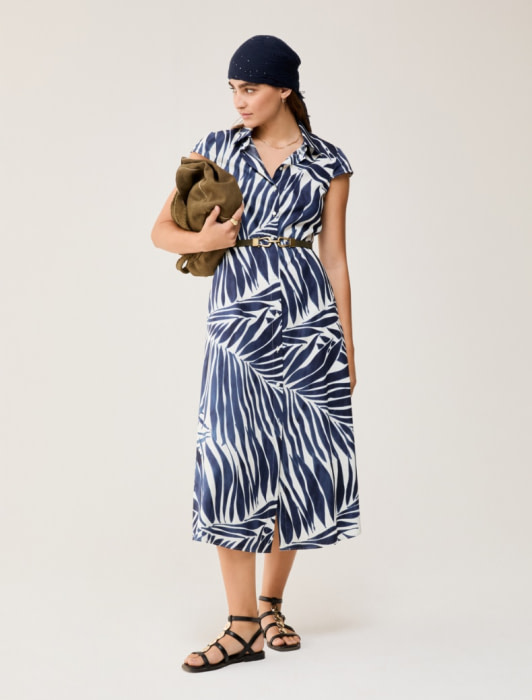 PENNYBLACK vestido algodón con estampado de  hojas azul y blanco - 5