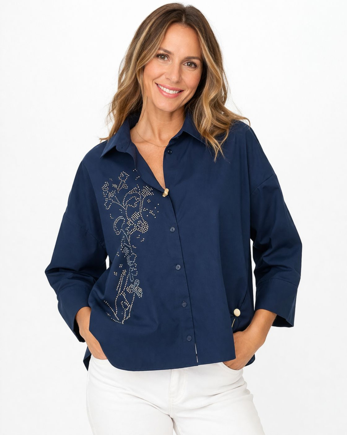PENNYBLACK camisa con rayas azul marino con strass