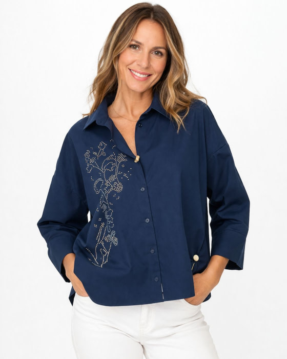 PENNYBLACK camisa con rayas azul marino con strass - 1