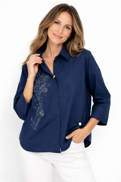 PENNYBLACK camisa con rayas azul marino con strass - 2