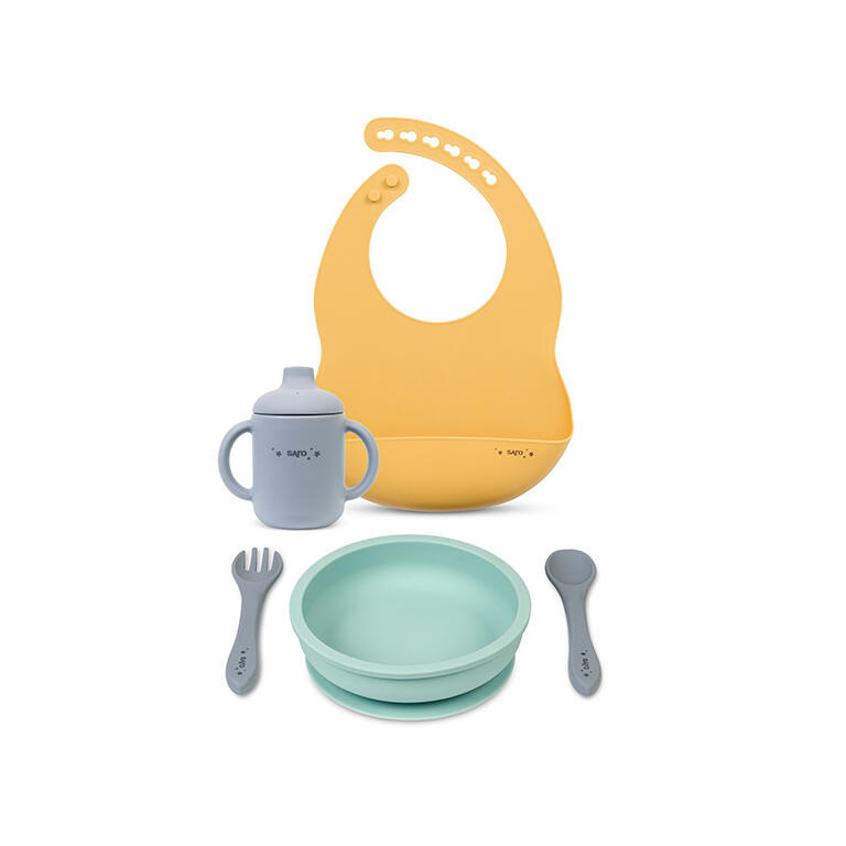 Set de alimentación silicona Saro “All in one” Mint+Mist+Mustard - 