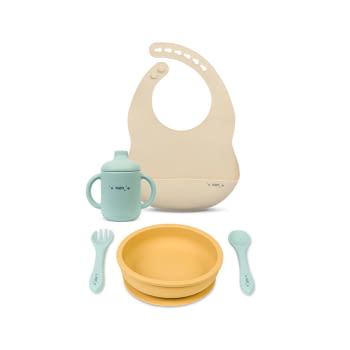 Set de alimentación silicona Saro “All in one” Mustard+Mint+Sand