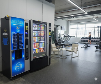 GIMNASIO LOTE 2 MAQUINAS VENDING SNACK Y BEBIDAS AZKOYEN MISTRAL PLUS H87 MÁS NECTA CANTO DE CAFE EN GRANO Y CAPSULAS CON MONEDERO