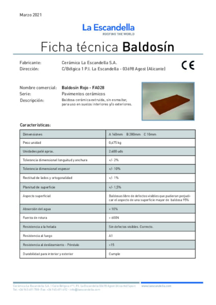 Ficha técnica Rasilla Lisa Roja FA028