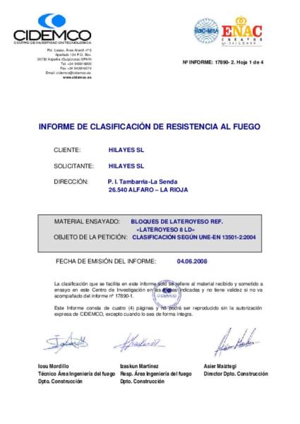 Informe resisténcia al fuego Lateroyeso 8LD