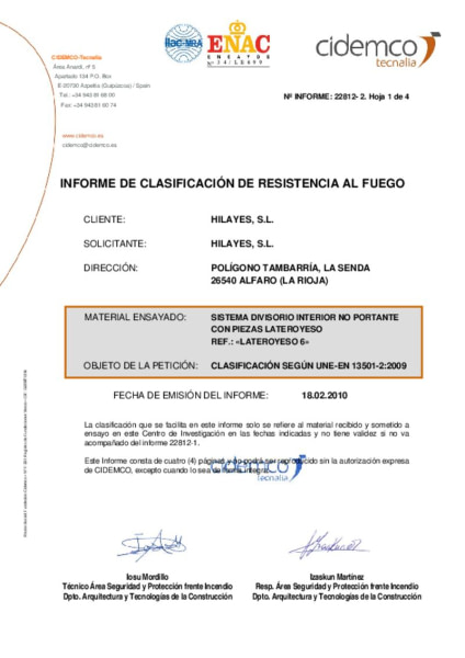 Informe resistencia al fuego Lateroyeso 6LS