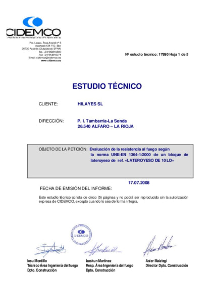 Informe resistencia al fuego Lateroyeso 10LD